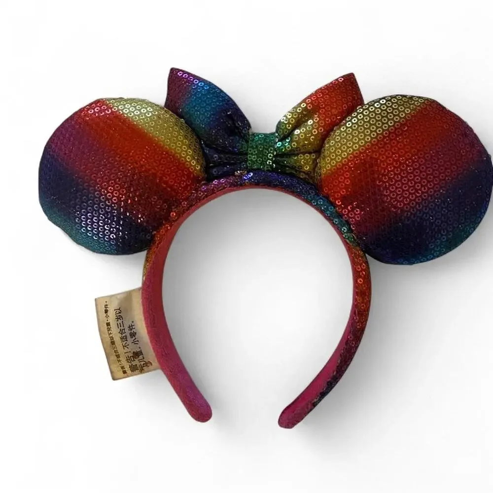 Disney Parks Rainbow Sequin Minnie Mouse Ear Headband Bow Authentic